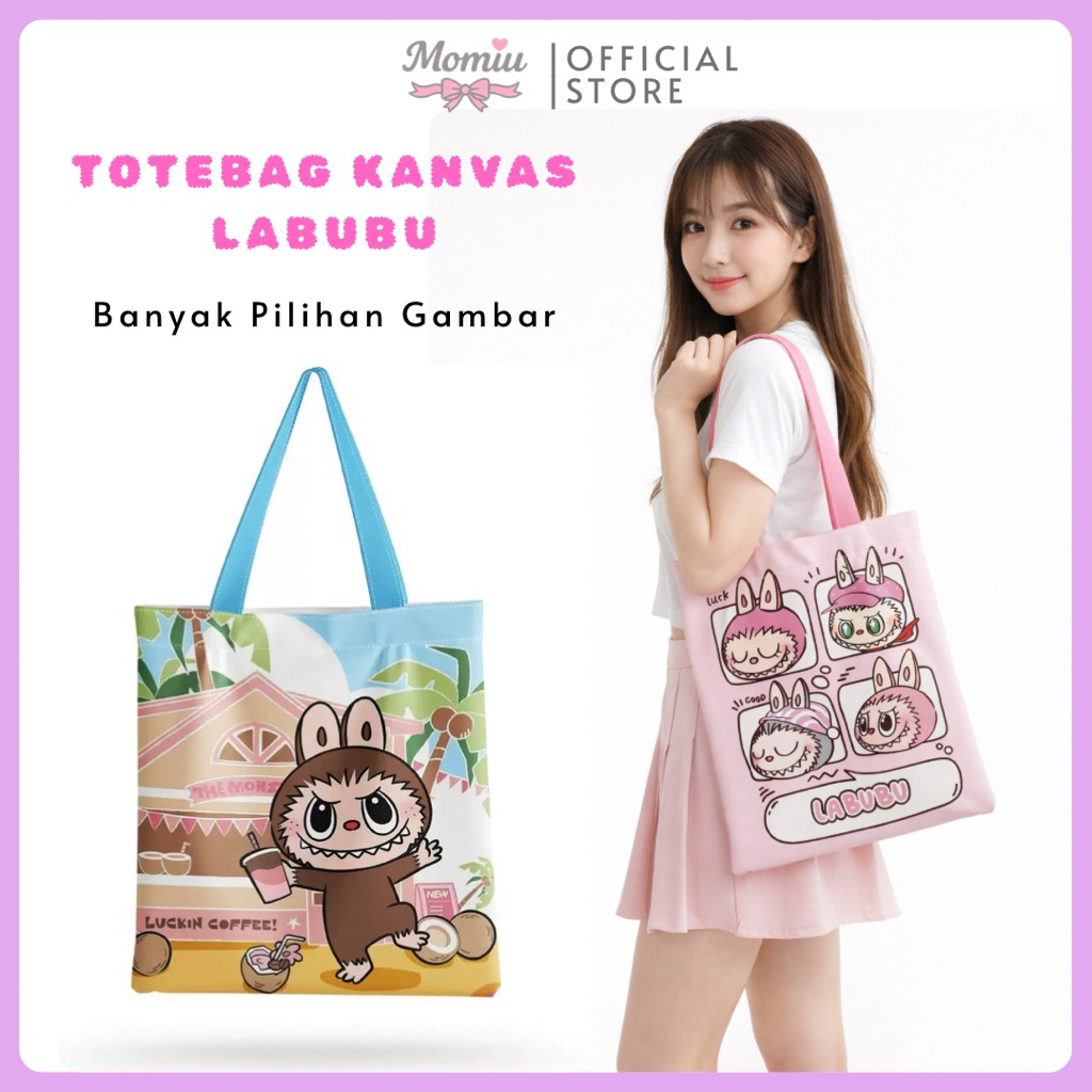 MOMIU - TOTEBAG LABUBU GOODIE BAG TAS JINJING KAIN TOTE BAG KARAKTER  HAMPERS TAS BELANJA Kanvas
