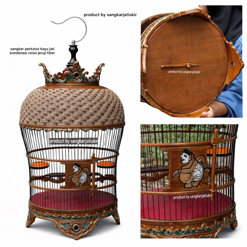 Sangkar Perkutut Kayu Jati Ukiran Jepara Kombinasi Rotan – Pintu Ukir Semar