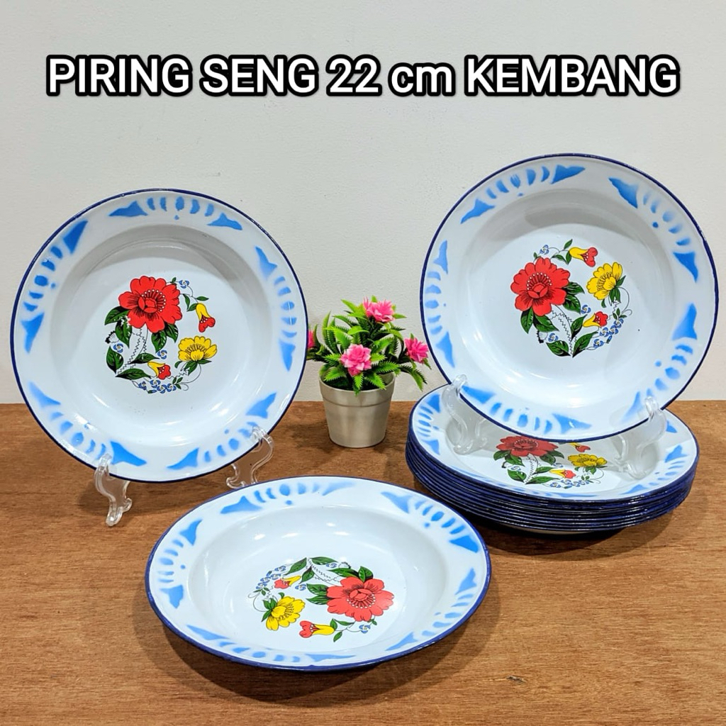 Piring Makan Seng Jadul Motif 22 CM - Piring Enamel Decor Bunga Isi 12 pcs  - Piring Makan Jadul Mot