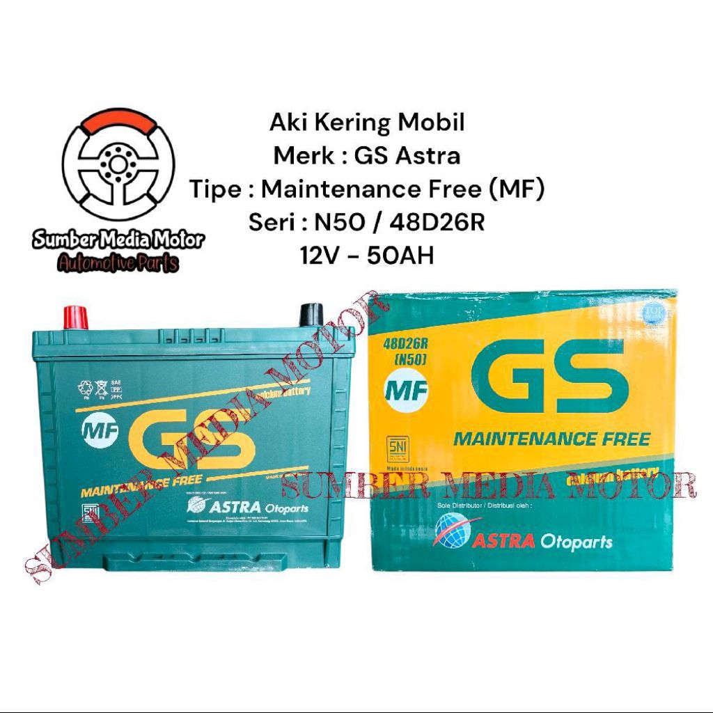 Aki Accu Kering Mobil GS MF Astra Maintenance Free N50 48D26R 12V-50AH Original
