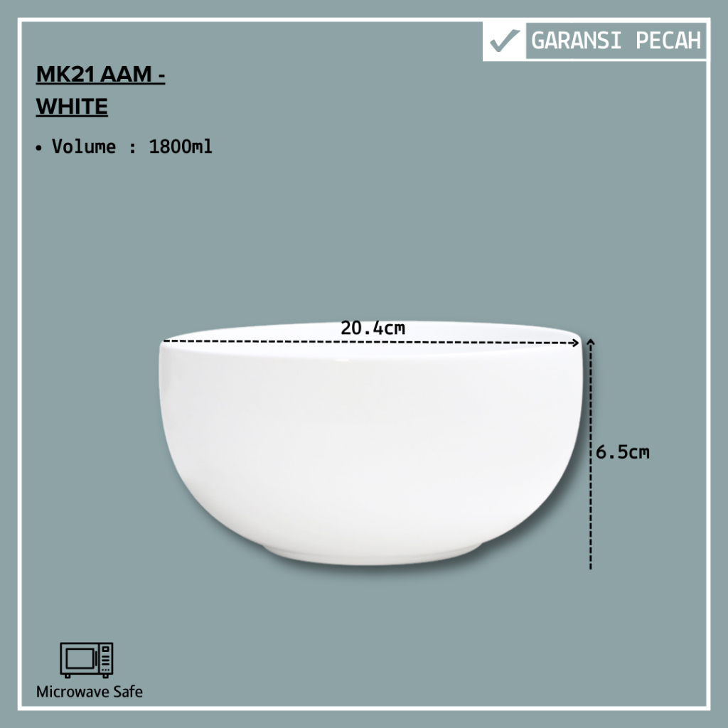 Mangkok Saji Keramik 20.4CM / Mangkok Sayur Serbaguna Putih Polos By Indo Keramik / MK21AAM - 1PCS