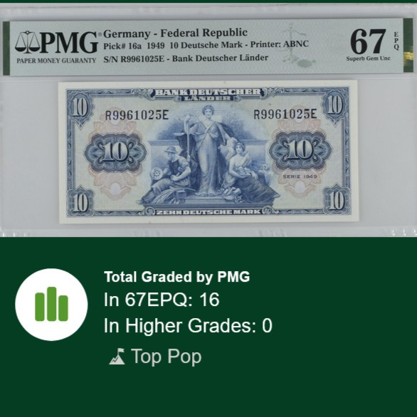 Uang LANGKA Germany Jerman 10 Duetsche Mark, 1949, TOP POP PMG 67 EPQ Superb Gem UNC P# 16a