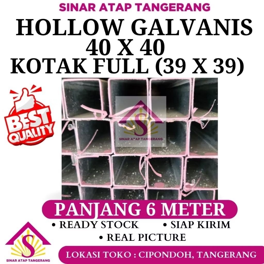 Hollow Galvanis 40 x 40 Kotak Full tebal 1.6 mm x 6 Meter