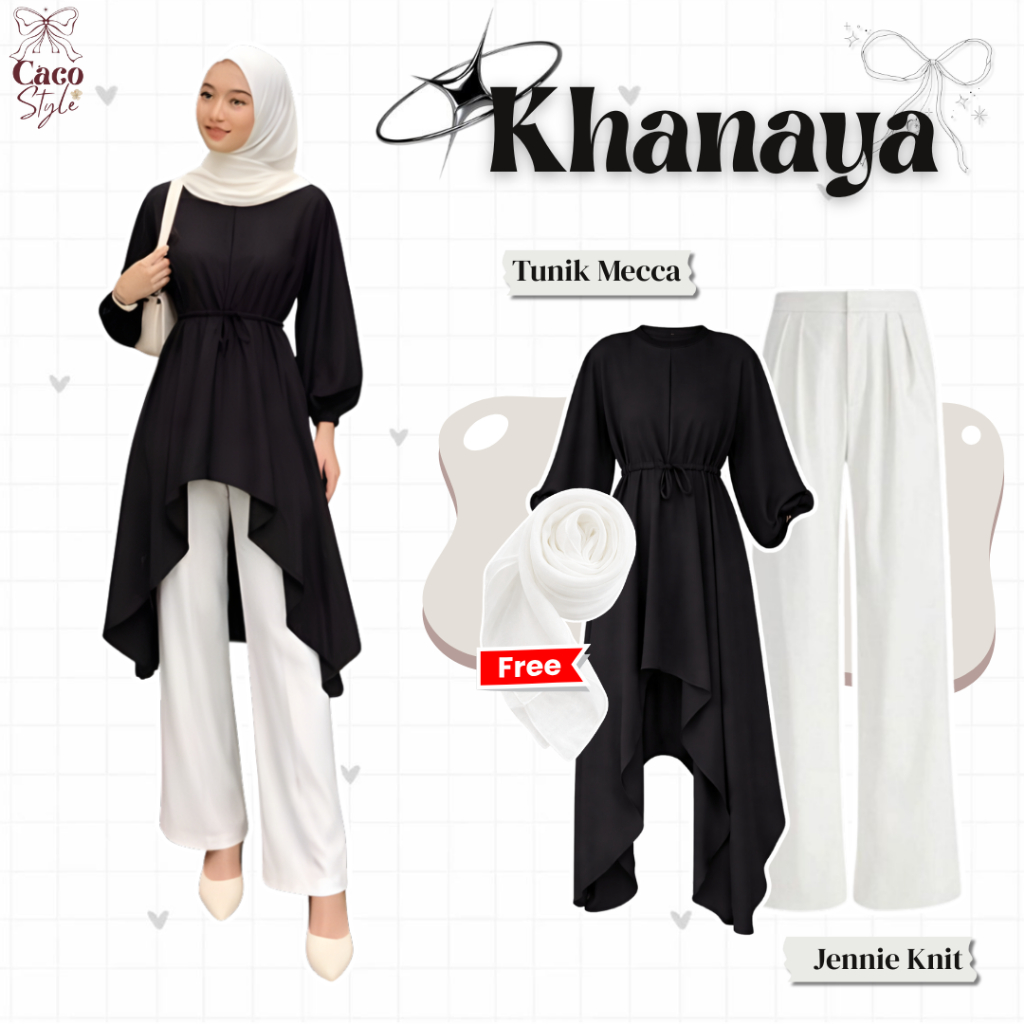 KHANAYA One Set 3In1 Outfit Lebaran Tunik Kekinian ( Bella Square + Tunik Mecca + Celana Knit ) - CO