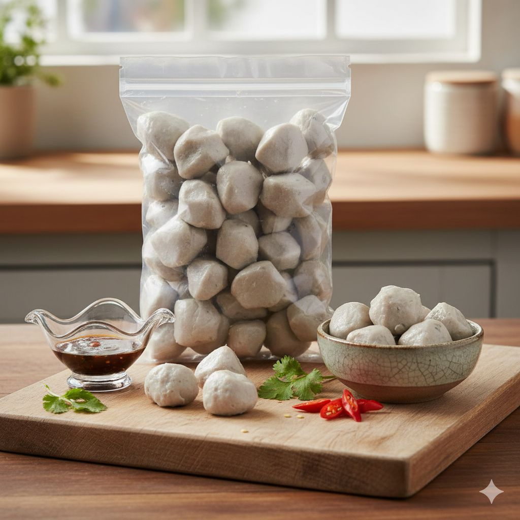 :Basreng Mentah Renyah – Bahan Siap Goreng / Frozen Snack Pedas Gurih 1kg isi 35 butir