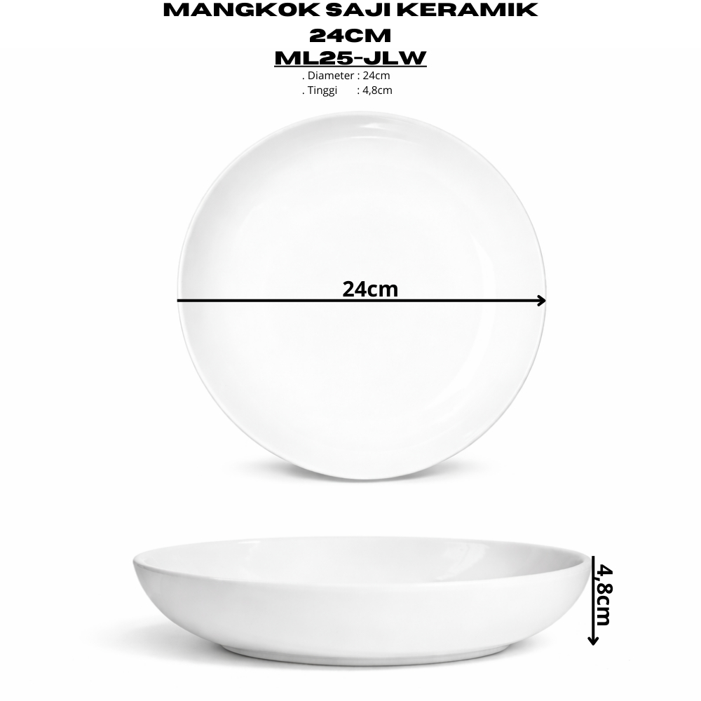 Mangkok Saji Keramik 24CM (1PCS) Putih Polos By Indo Keramik Mangkok Lebar Mangkok Restoran Murah Be