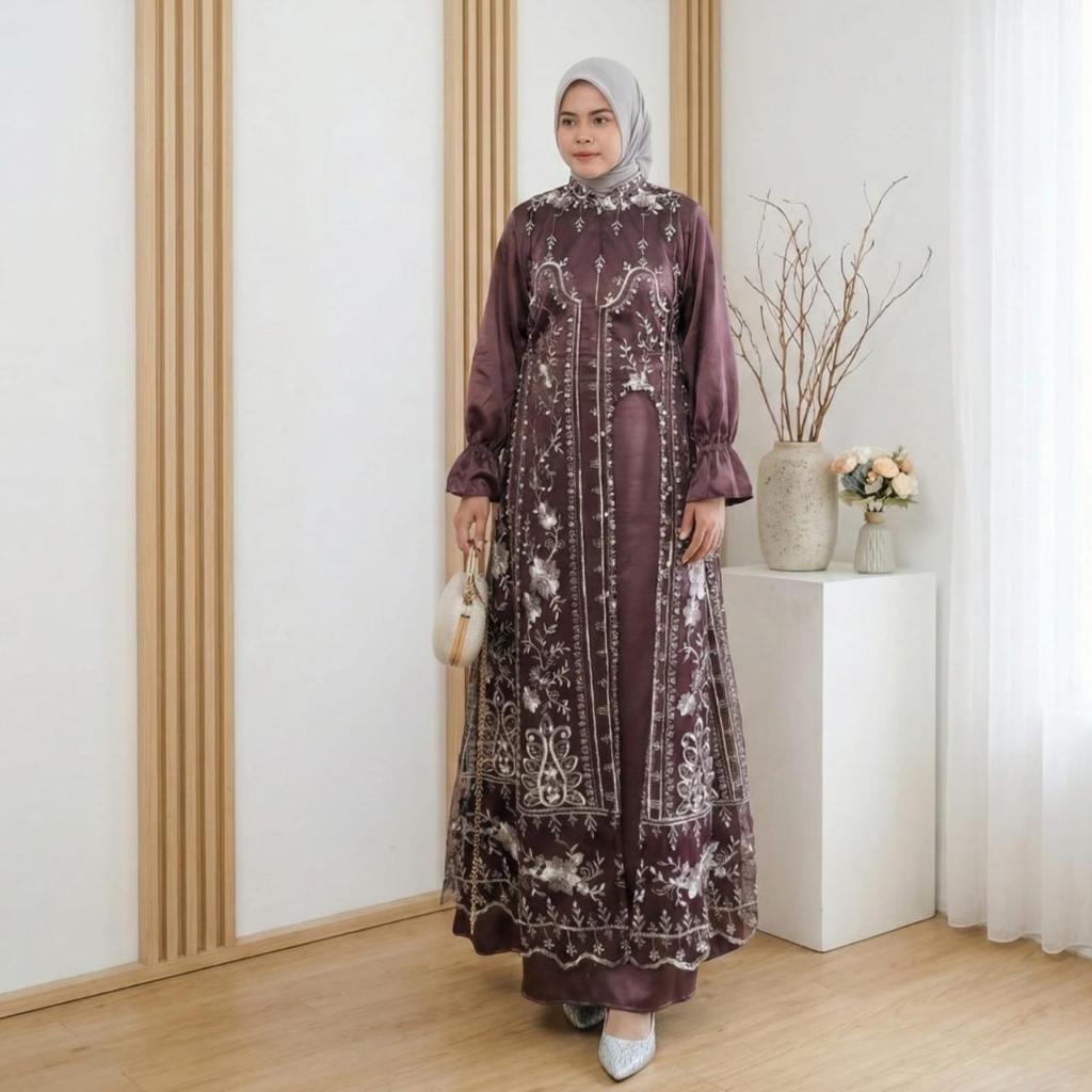 Gamis Lebaran/Gamis Busui Set Outer Satin Velvet Mix Brukat Tile Mutiara/Dress Wanita Dewasa Terbaru
