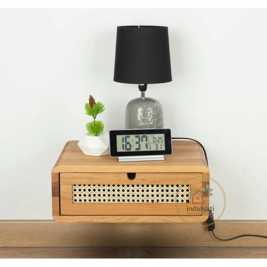 NAKAS GANTUNG FLOATING JAM MEJA KAYU JATI RATTAN