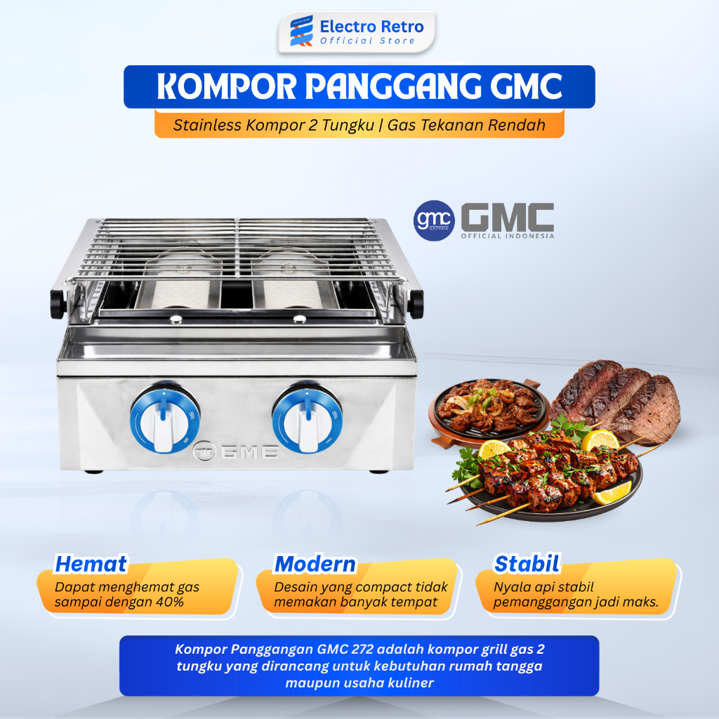 Kompor Panggang Sosis/Ayam 2 Tungku GMC-272 Stainless Kompor Gas Pemanggang Ayam Kompor BBQ Grill 2 