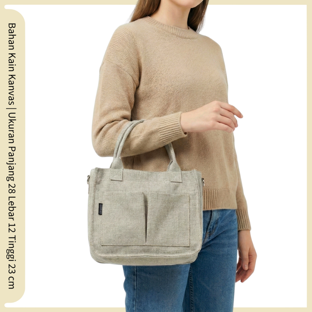 Tas Kanvas Tote Tenteng Wanita NEVSET ToteBag Selempang Premium Multifungsi Casual Banyak Kantong