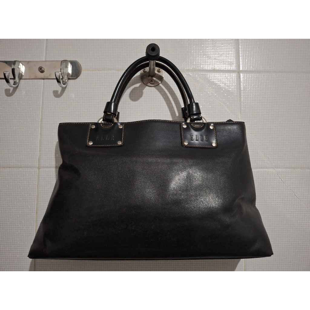 ELLE Leather Handbag, black, tas kulit wanita