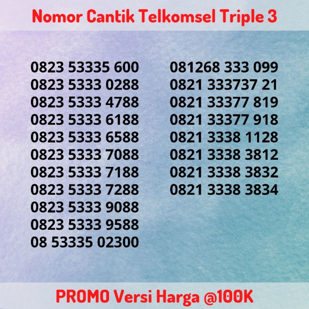 Nomor Cantik Telkomsel Seri Triple 3 / 333 Tengah LENGKAP Semua Varian