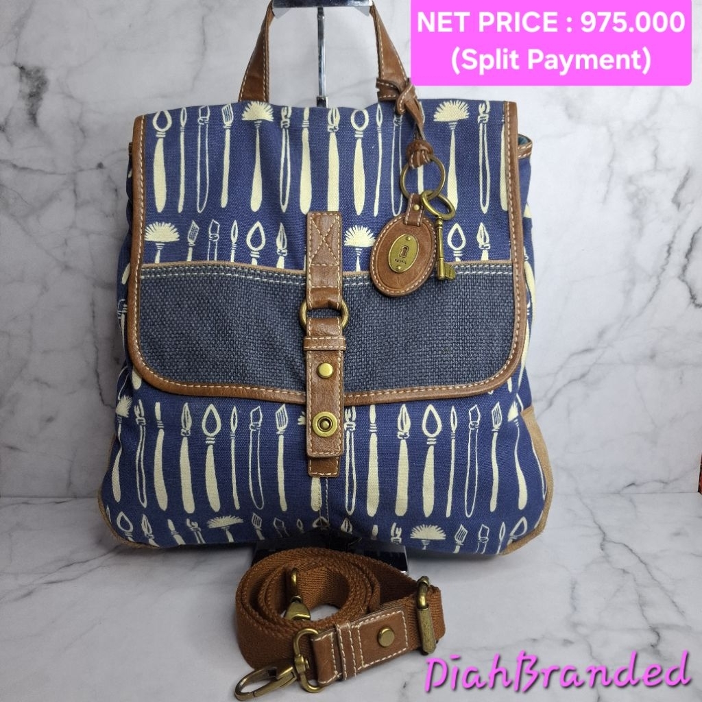 F077 - PRELOVED TAS FOSSIL BACKPACK/CROSSBODY NAVY CANVASS  FULLSET (2 IN 1 FULLSET)