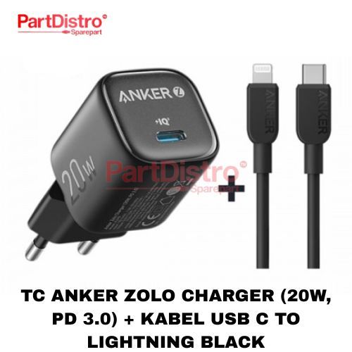 TRAVEL CHARGER ANKER ZOLO CHARGER (20W, PD 3.0) + KABEL USB C TO LIGHTNING BLACK