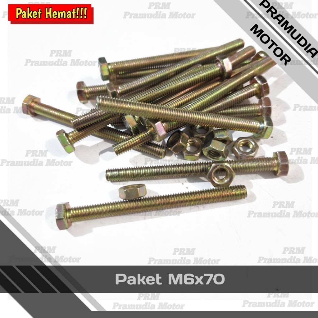 PAKET HEMAT BAUT 10 KUNING PANJANG 7CM M6X70 PLUS MUR