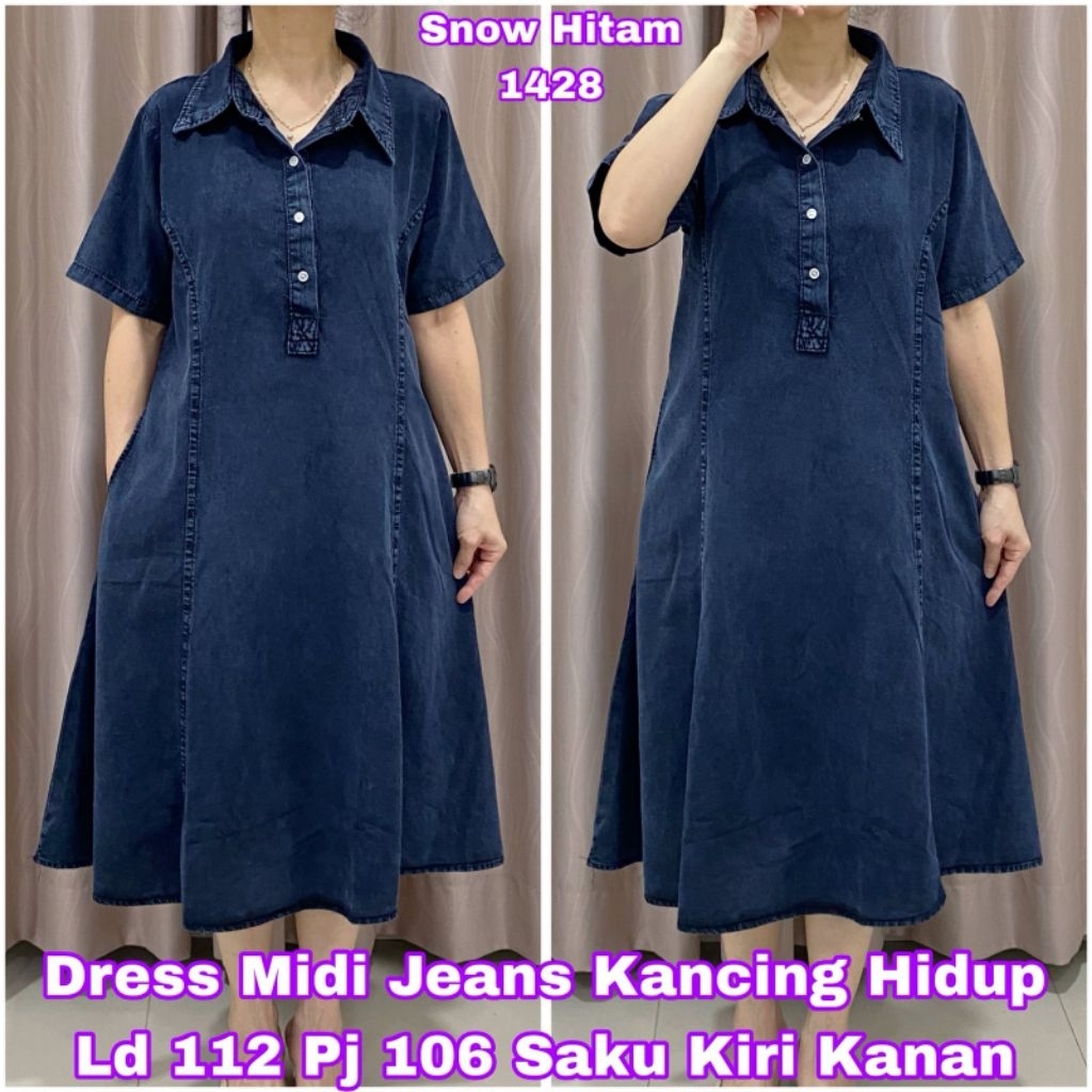 Dress tunik kode 1428 model midi mayung bahan jeans snow denim jumbo 3L ld112 pj106, kancing hidup, 