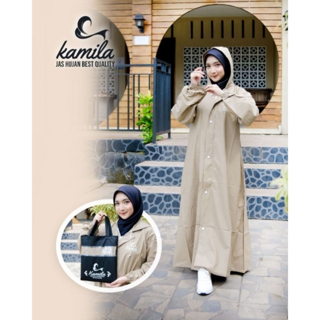 Jas Hujan JUMBO/XXL Wanita Muslimah Model Gamis Syar'i Bahan Pvc 0.25 Merk Kamila Warna Cream