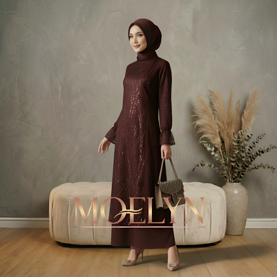 MOELYN - GAMIS LEBARAN Wanita ( ALLEA MAHOGANY ) Dress Mewah | Gaun Pesta Maxy Silk Brokat Payet Ele
