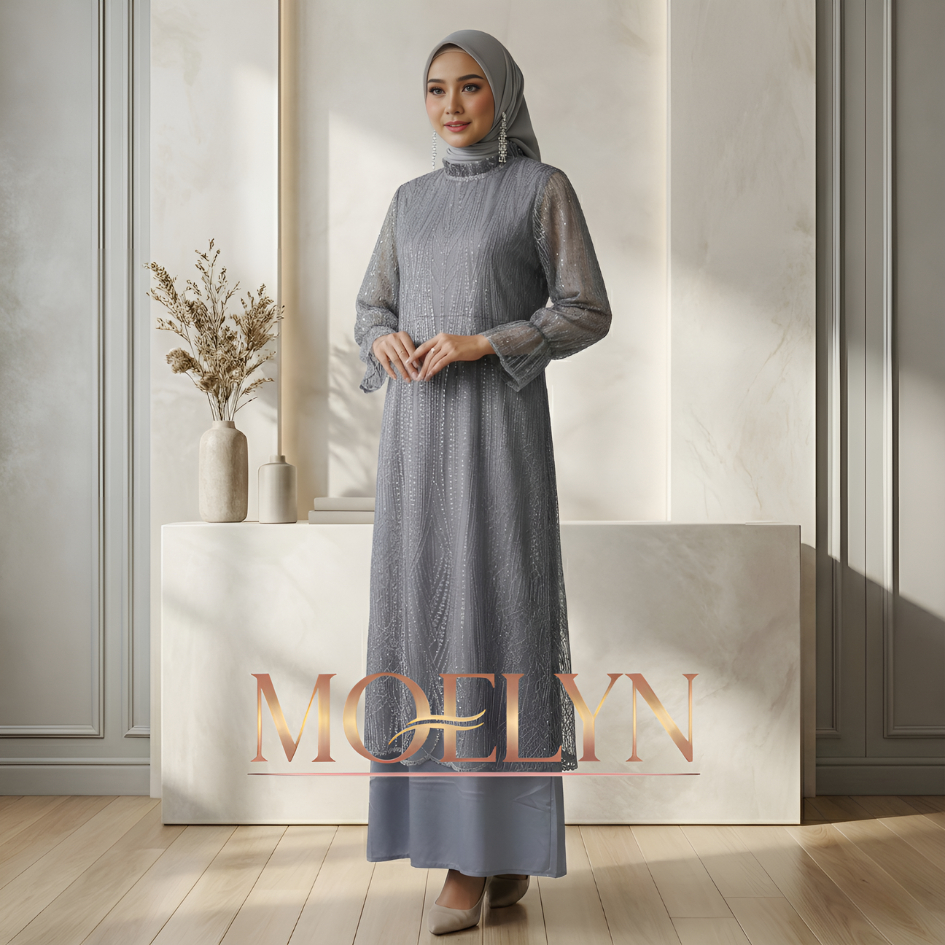 MOELYN - GAMIS LEBARAN Wanita ( ALLEA ABU ) Dress Mewah | Gaun Pesta Maxy Silk Brokat Payet Elegan P