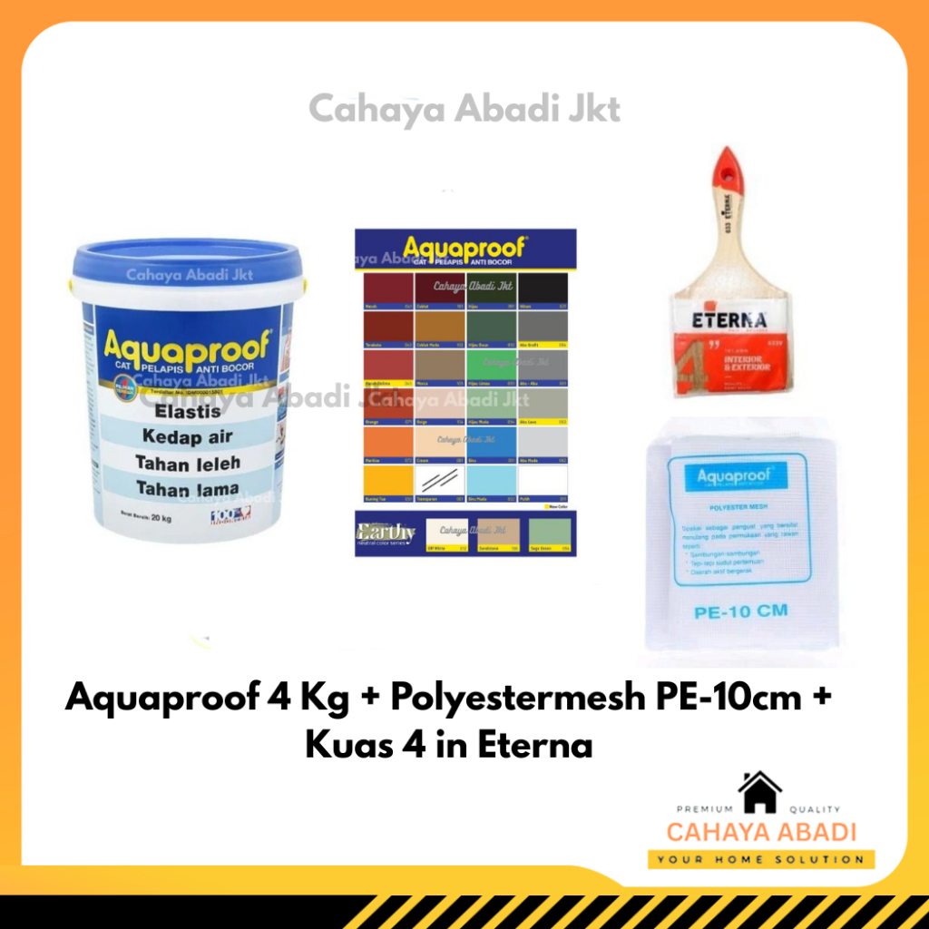 AQUAPROOF ABU GALON 4KG + KUAS 4in ETERNA + POLYESTER MESH PE10cm x 10mtr