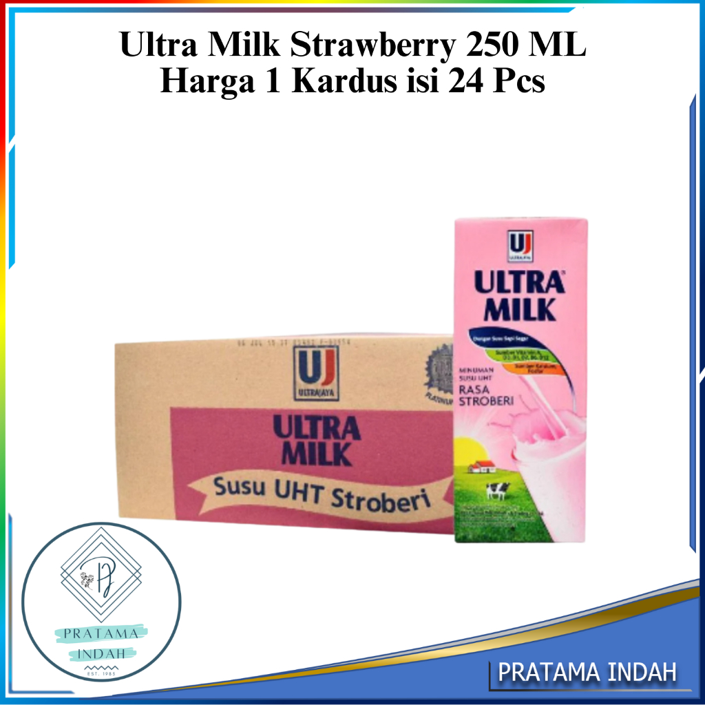 SUSU ULTRA MILK STRAWBERRY 250 ML 1 DUS ISI 24 PCS - SUSU UHT STRAWBERRY ULTRA 250ML (GROSIR & ECERA
