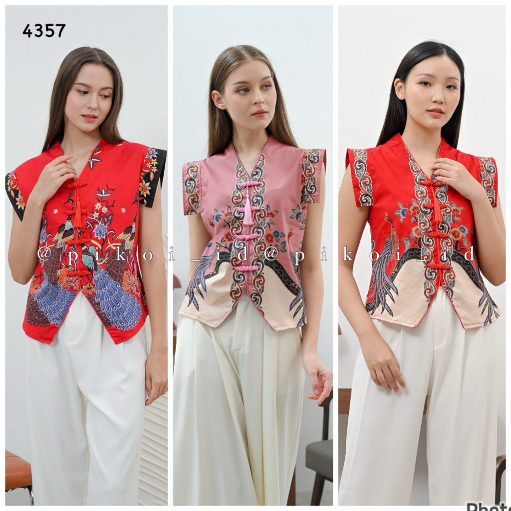 Baju merah imlek motif burung merak / Atasan shanghai batik merah / qipao merah shoulder pad segi em