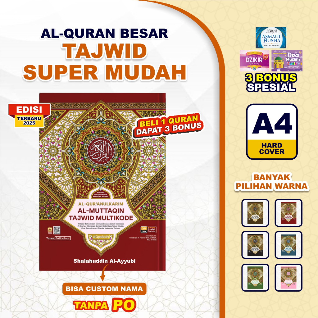 (Bisa Custom Nama) Al Quran Tajwid Mudah Al Muttaqin A4 Tajwid Multicode Khat Besar Bonus 3 Buku