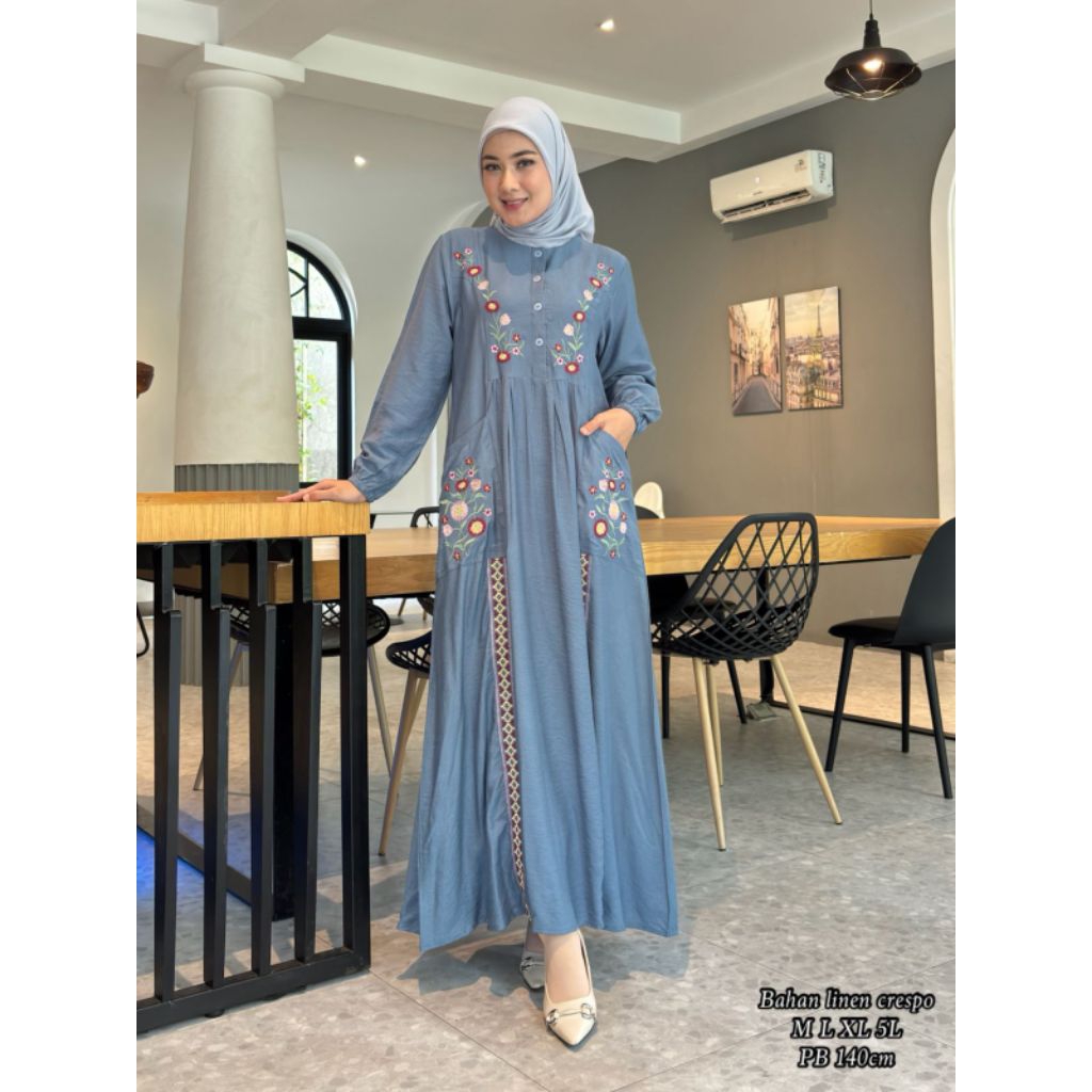 Gamis raisya bahan linen-Gamis pesta premium-Kancing Depan-mewah elegan