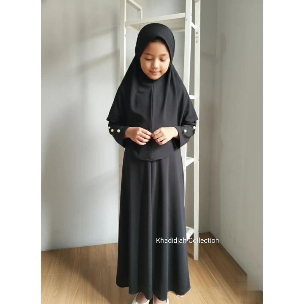 KC - ANAK Oneset Abaya Gamis Tangan Inara Warna Hitam/ Stelan Gamis Hijab Baju Muslim Lebaran Anak P