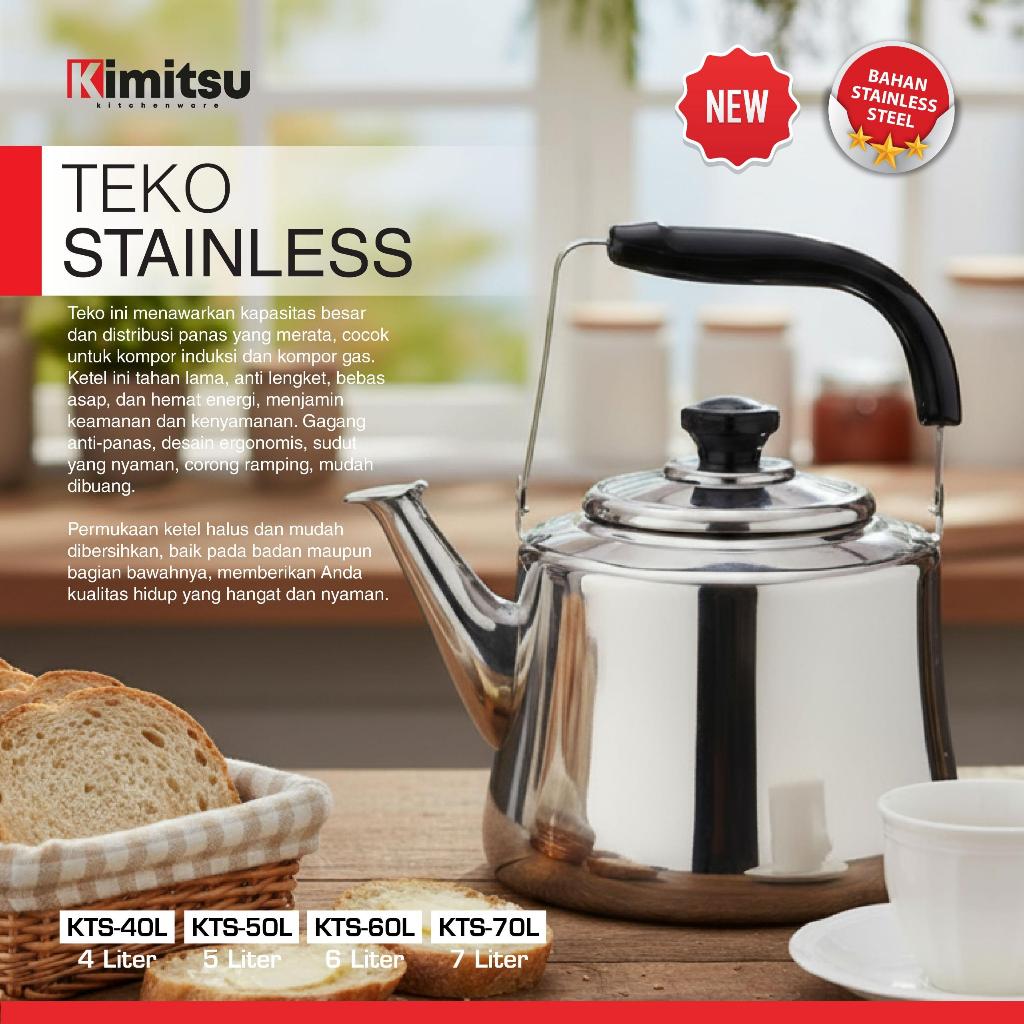 KIMITSU Teko Siul Stainless Steel Dengan Gagang dan Tutup Tersedia Dengan 4 Ukuran