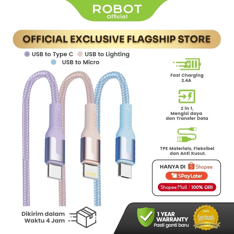ROBOT Kabel Data 1M Original Fast Charging 2.4A Type-C Micro Lightning – Kabel Charger dan Transfer Data Cepat Tahan Lama Anti Kusut Desain Anyaman Kuat Aluminium Head – Garansi Resmi 1 Tahun