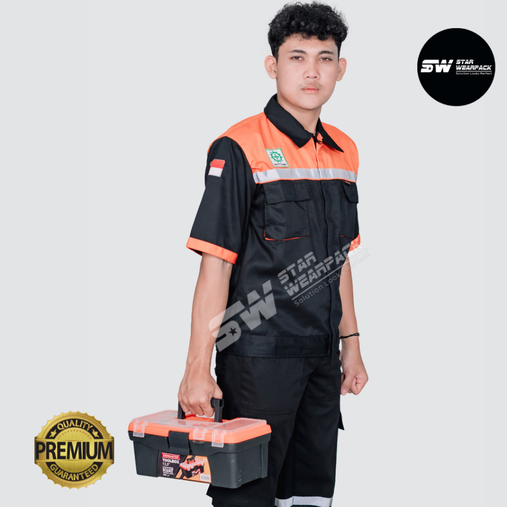 Wearpack Atasan Lengan Pendek Warna Hitam Kombinasi Oren