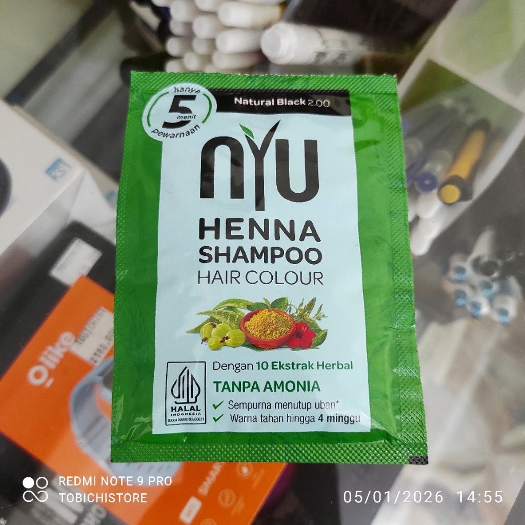 Nyu Henna Shampoo Hair Color 2.00 Natural Black Dengan 10 Ekstrak Herbal Tanpa Amonia