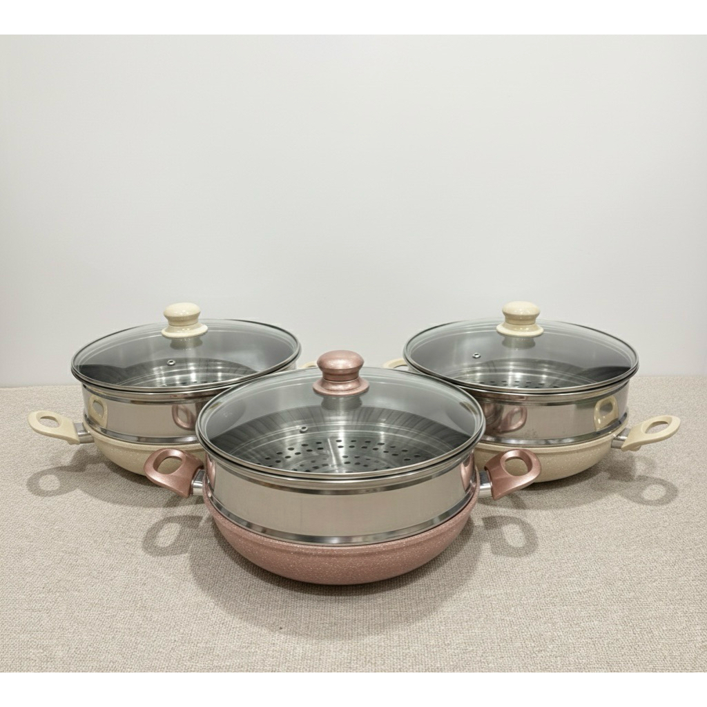 Pero Mercin Wok 28cm + Steamer dan Tutup Kaca / Panci Set Kukusan Anti Lengket