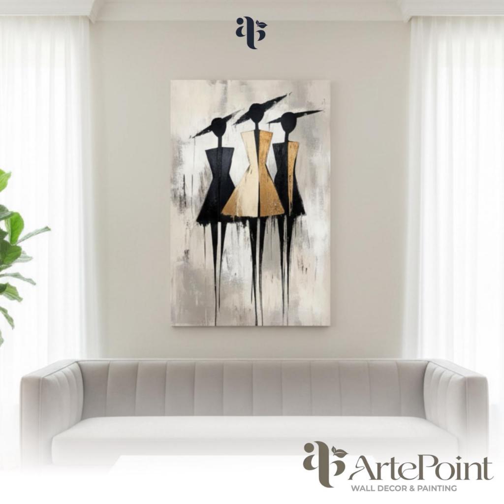 Lukisan Abstrak Cantik Putih Hitam Gold Hiasan Dinding Kanvas Akrilik