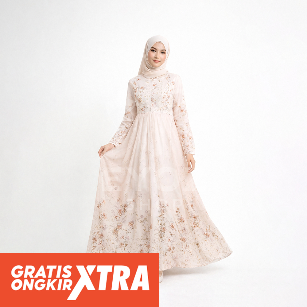 Gamis Wanita Motif Bunga Lengan Panjang Gamis Floral Simple Elegan Warna Cream