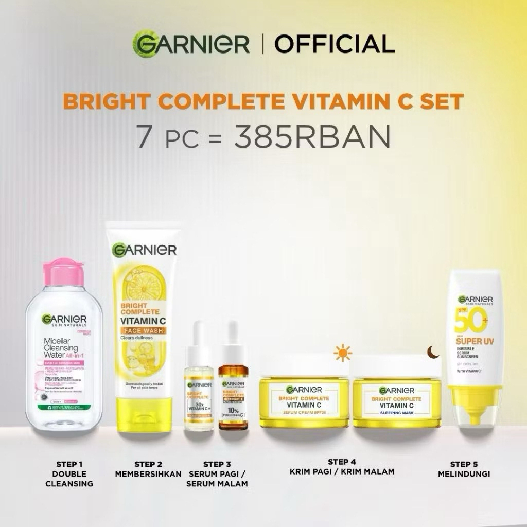 GARNIER Paket Skincare 1 set lengkap Complete Kit Vitamin C Serum 30 ml + Overnight Serum 30ml + Nig