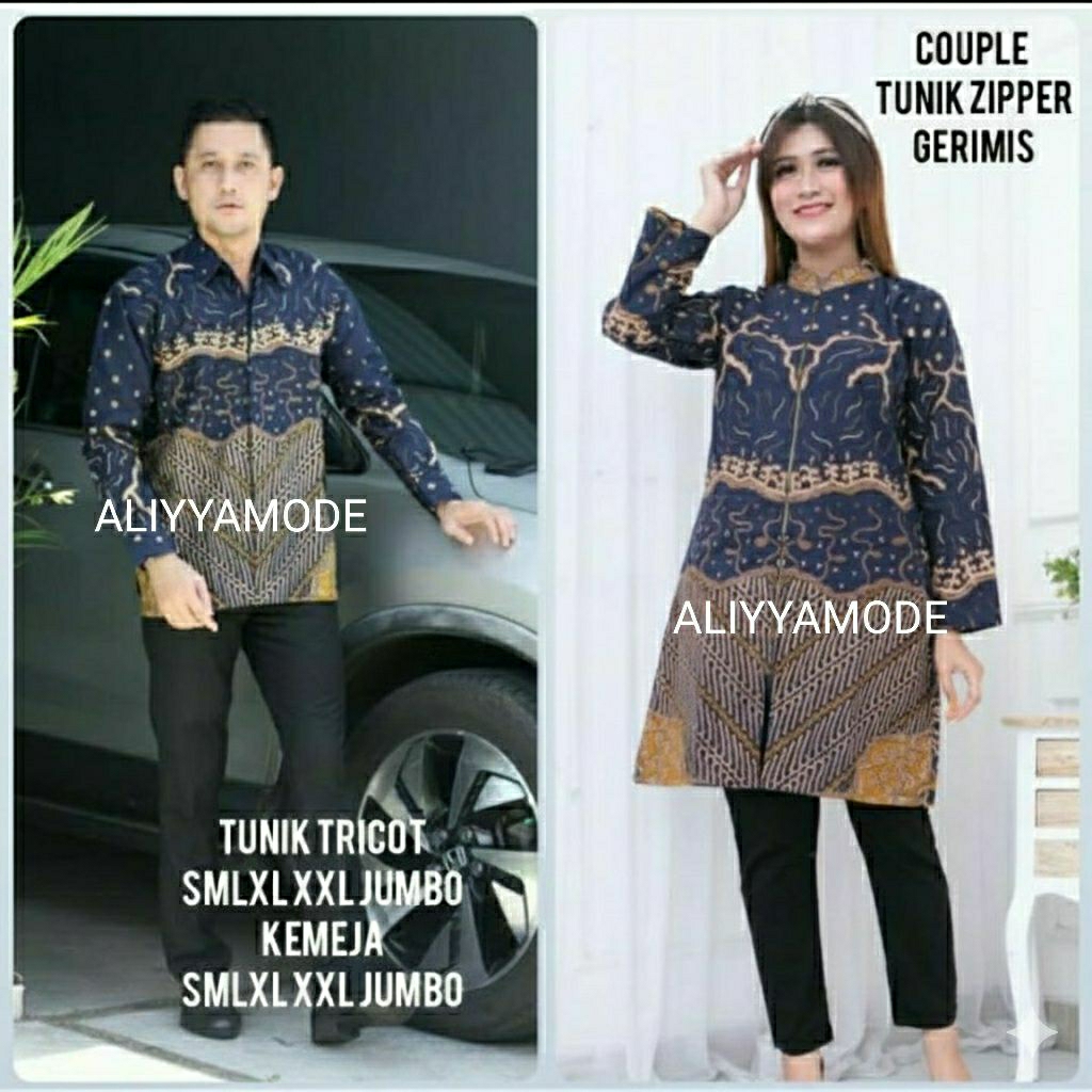 Couple Tunik Tricot Zipper Gerimis Batik Solo Tunik Batik Wanita Kemeja Batik Pria Batik Couple