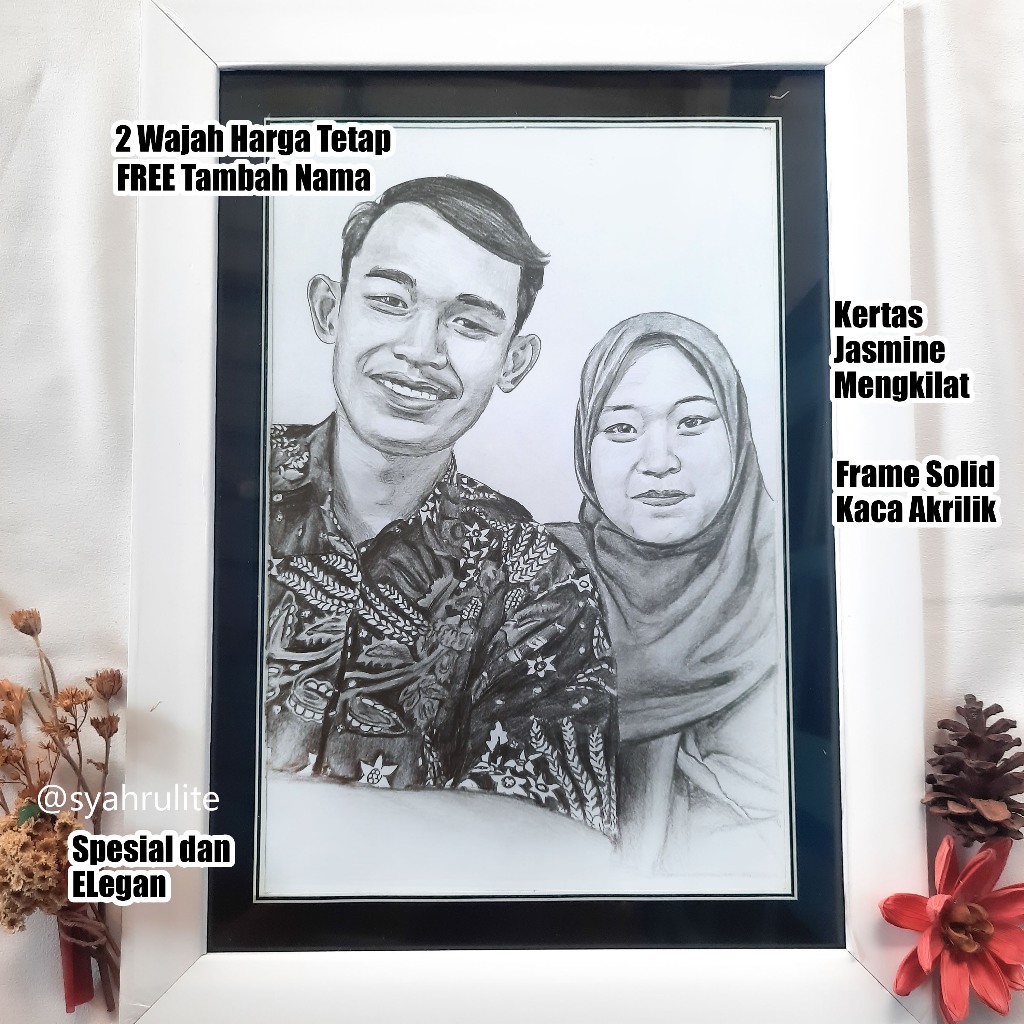 Kado spesial lukisan wajah pensil bingkai  kaca akrilik untuk pacar, ulang tahun, wisuda