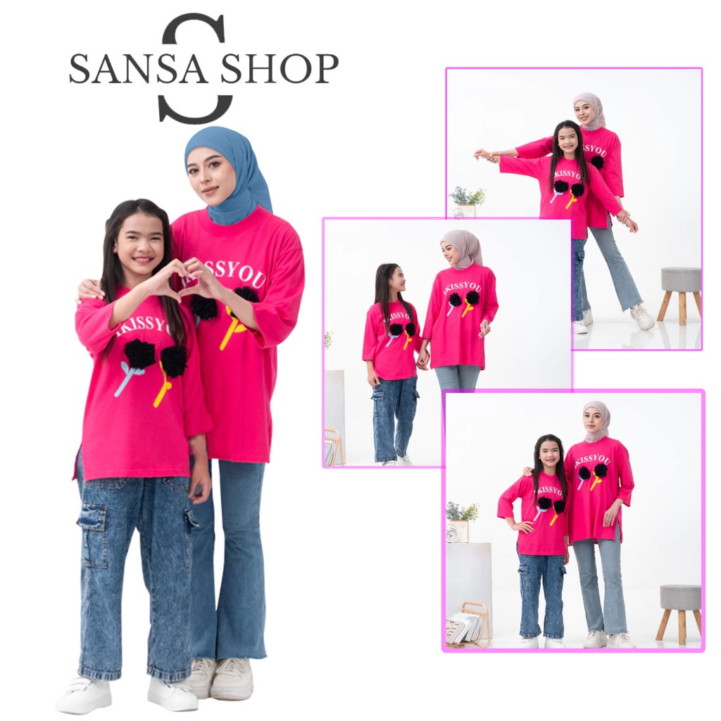 SANSASHOP - kaos couple oversize ibu dan anak Lengan 7/8 viral korea looks warna Fuchia / Pink Fanta