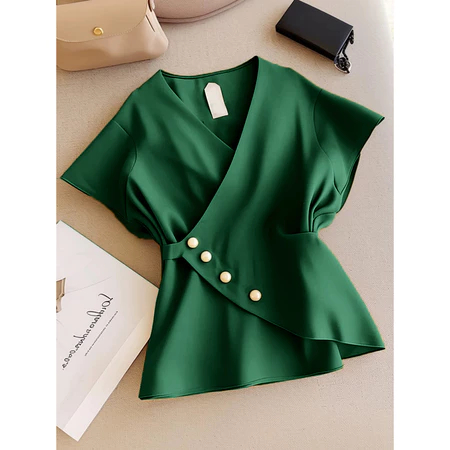 Blouse Wanita Hijau Botol Polos Lengan Pendek Pakaian Atasan Perempuan
