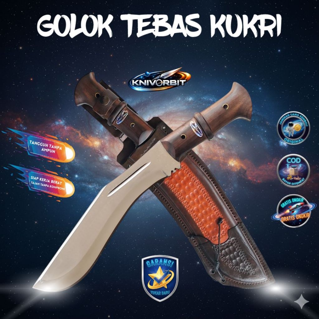 Pisau Tebas Kukri Baja Polish Miror Sarung Kulit Asli