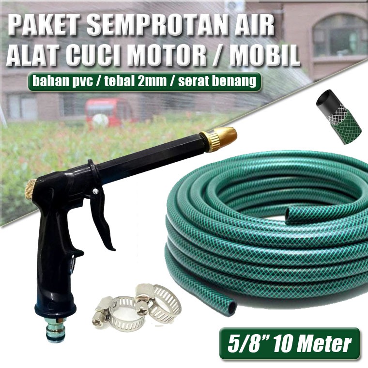 RUGU STORE Selang Air 10 Meter 5/8 Paket Semprotan Cuci Motor Mobil Bahan PVC Serat Benang Anti Boco