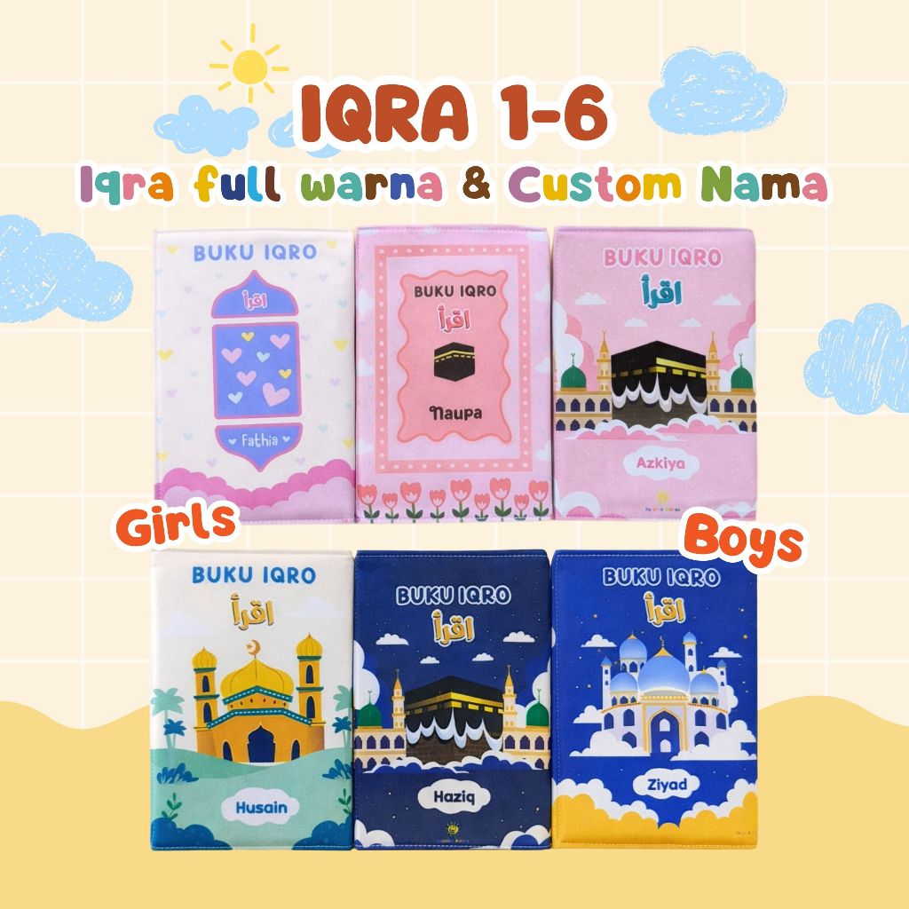 Buku IQRO 1-6 Anak Custom Nama - Cover Desain Premium Muslim Boy & Girl, Buku Iqra Berwarna