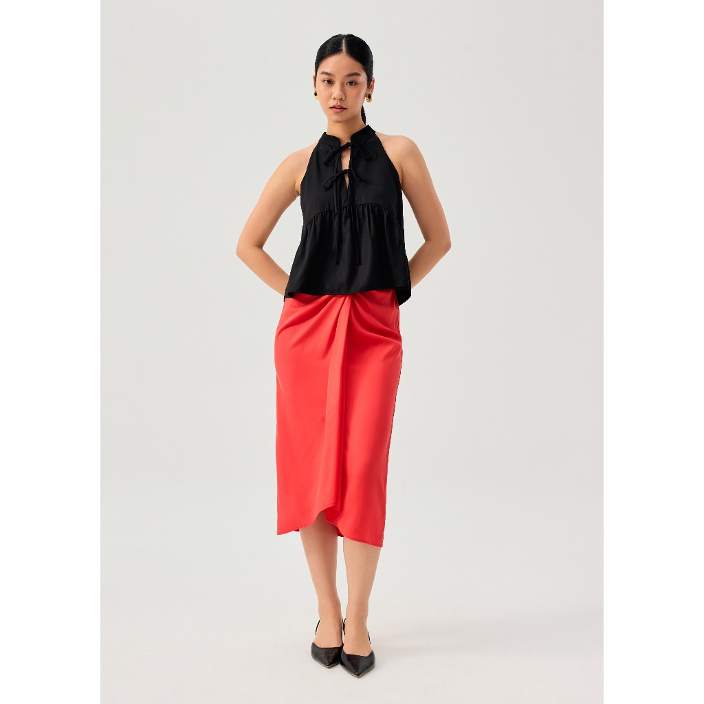 Love Bonito - Atasan Wanita - Lyocell Pleated Front Tie Mandarin Collar Peplum Shell Top - Black