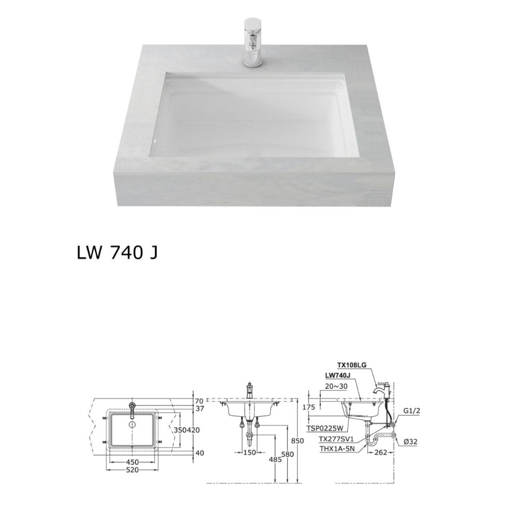 Wastafel toto LW 740 J tipe tanam di meja