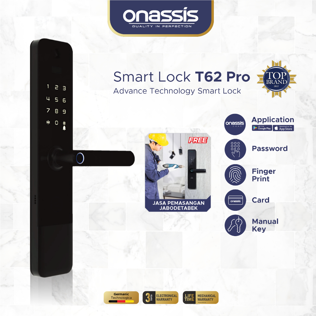 ONASSIS SMART LOCK T62 PRO | KUNCI PINTAR DENGAN 5 CARA BUKA & GARANSI MECHANICAL SEUMUR HIDUP