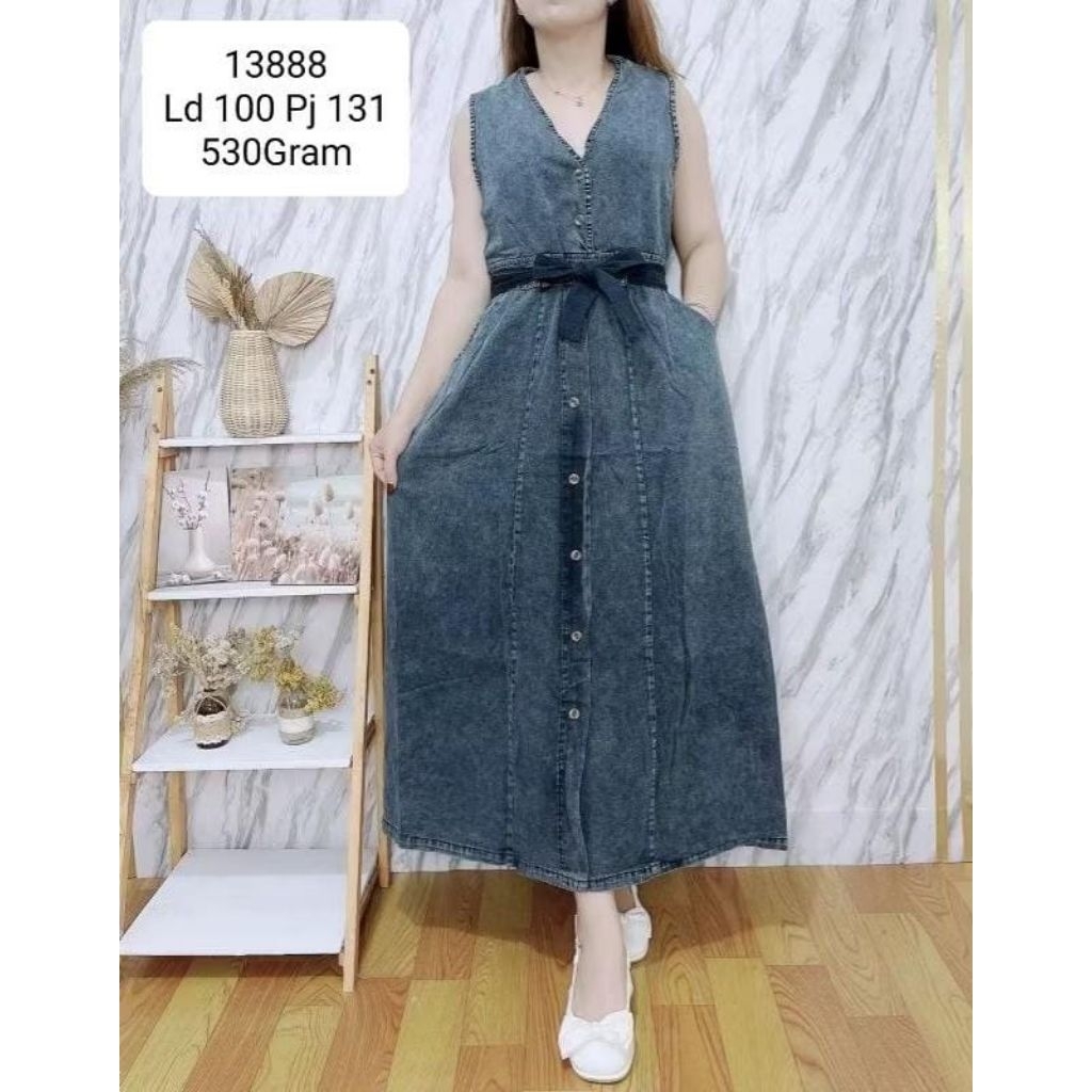 Dress midi kode 13888 bahan jeans snow denim jumbo XL ld100 pj131
