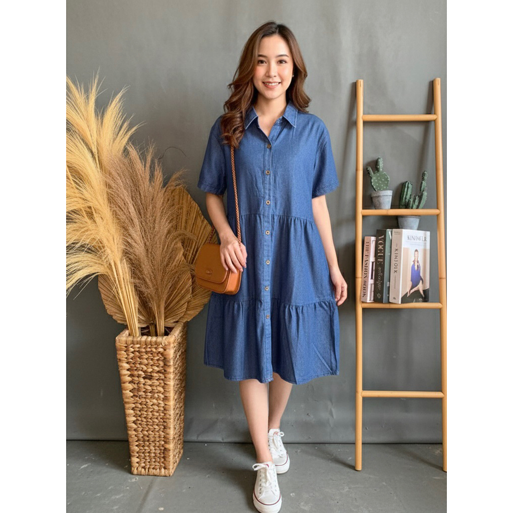 Naniya Dress Denim Ruffle | Dress Kancing Bahan Jeans Lembut ruffle muat s sampai xl