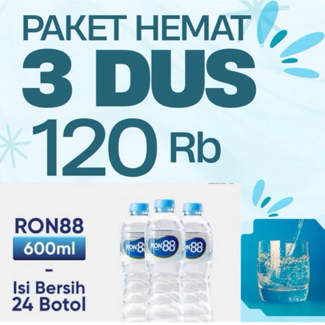 PAKET 3 DUS Air Mineral MURAH 600ml Ron 88 - Aqua 1 Dus isi 24 Botol, Segar dan Higienis